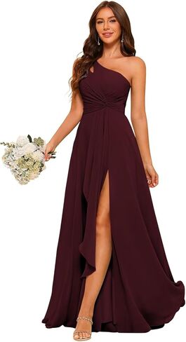 Women's One Shoulder Bridesmaid Dress with Slit 2026 Pleated A Line Chiffon Formal Party Dresses KH022 in Saudi Arabia