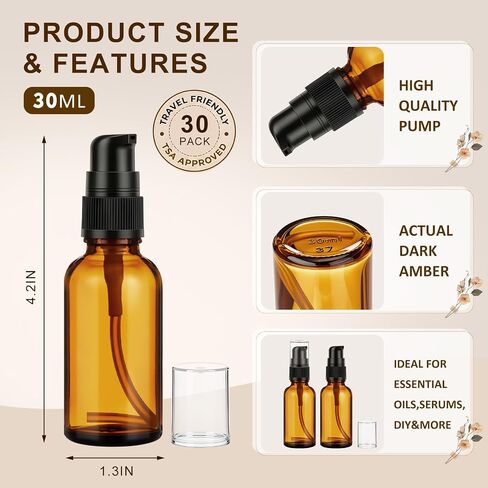 Roshtia 30 Pack 1oz Amber Glass Pump Bottles with Black Pump, Refillable, Leak‑Proof, 30ml Empty Travel Size Small Containers for Lotion, Cream, Essential Oils, Aromatherapy Liquids and More in Kuwait