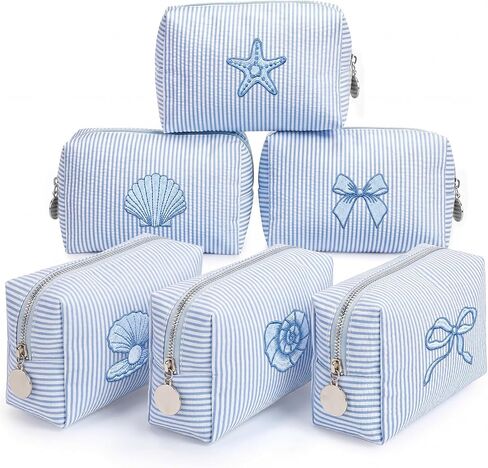 6 Pcs Blue Coastal Cosmetic Bags Bulk Blue Seersucker Makeup Bags Stripe Women Pouch Large Preppy Storage Pouch Toiletry Travel Organizer for Bachelorette Bridesmaid Party Favor in Kuwait