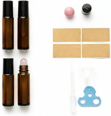 4 PACK Roller Bottles with Natural Rose Quartz Balls - 10ml Refillable Amber Glass Essential Oil Roll On Kit, Leak-Proof for Travel, Aromatherapy, DIY Perfume & Gifts (10ml Pink Glod Amber Bottles) in Saudi Arabia
