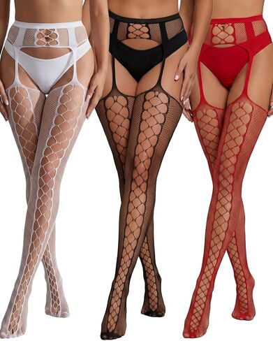 3 Pcs Fishnet Stockings for Women, Garter Fishnet Tights Set, Black White Burgundy Diamond Pattern Thigh High Stockings, Sexy Hollow Out One Piece Garter Hose for Outfit Layering in Saudi Arabia