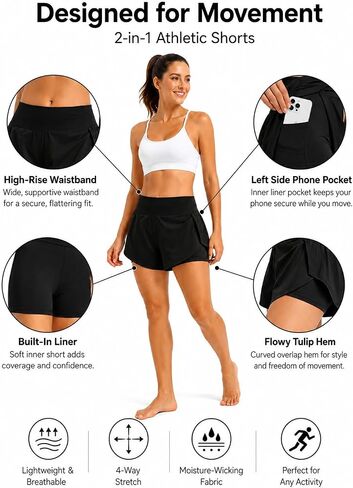 Women Gym Shorts Pull On Curved Hem 2 in 1 Sportswear for Women Moisture Wicking in Kuwait
