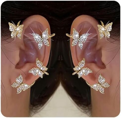 Clip On Butterfly Ear Cuffs & Wraps for Women 2 Pairs, Rhinestone Non Piercing Ear Clips, Perfect for White Party, Wedding & Bridal Jewelry in Saudi Arabia