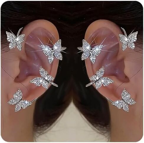 Clip On Butterfly Ear Cuffs & Wraps for Women 2 Pairs, Rhinestone Non Piercing Ear Clips, Perfect for White Party, Wedding & Bridal Jewelry in Saudi Arabia
