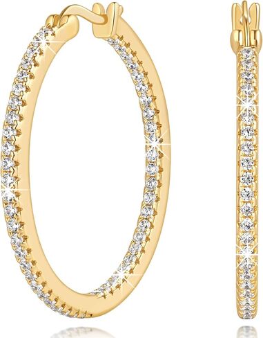 Gold Hoop Earrings 14K Gold Earrings for Women Gold Hoop Earring for Womens Hoops Earring Bright and Luxurious Look with Cubic Zirconia Womens Hoops Earring 15/20/30/35 MM in Kuwait