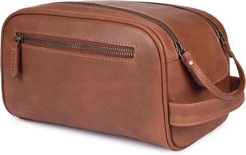 Leather Toiletry Travel Bag with Waterproof Lining, Large Capacity Vintage Dopp Kit, Shaving & Cosmetic Organizer for Men & Women - Brown in Saudi Arabia