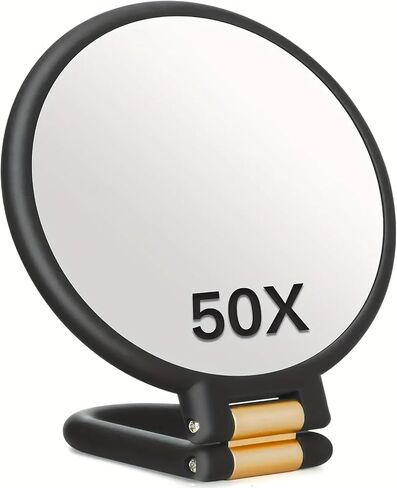 Hand Mirror with Handle, Double Sided 50X & 1X Magnification, Folding Makeup Mirror – Travel, Wall Mount, Desktop Use (Black) in Kuwait