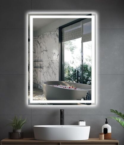 28x20 inches LED Bathroom Mirror Anti Fog Adjustable Brightness Backlit Front Lit Lighting Wall Mounted Vanity Mirror with Memory Function Shatter-Proof Tempered Glass Lighted Mirror in Kuwait