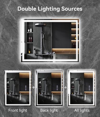 28x20 inches LED Bathroom Mirror Anti Fog Adjustable Brightness Backlit Front Lit Lighting Wall Mounted Vanity Mirror with Memory Function Shatter-Proof Tempered Glass Lighted Mirror in Kuwait
