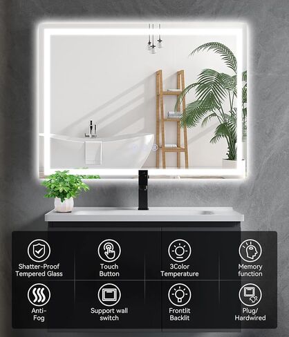28x20 inches LED Bathroom Mirror Anti Fog Adjustable Brightness Backlit Front Lit Lighting Wall Mounted Vanity Mirror with Memory Function Shatter-Proof Tempered Glass Lighted Mirror in Kuwait