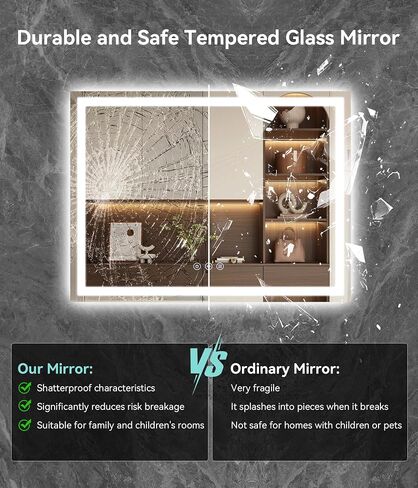 28x20 inches LED Bathroom Mirror Anti Fog Adjustable Brightness Backlit Front Lit Lighting Wall Mounted Vanity Mirror with Memory Function Shatter-Proof Tempered Glass Lighted Mirror in Kuwait