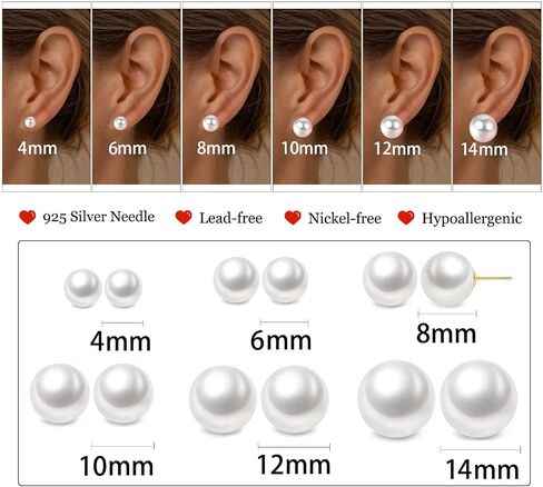 12 Pairs Pearl Stud Earrings for Women Hypoallergenic 4mm 6mm 8 mm 10 mm 12mm 14mm Big Fake Pearl Earrings Set Gift Bridal Wedding in Saudi Arabia