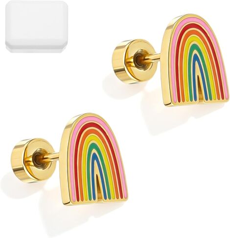 Rainbow Earrings - Small Rainbow Stud Earrings with Flat Screw Back Design, Gold Surgical Steel, Lightweight and Comfortable in Saudi Arabia