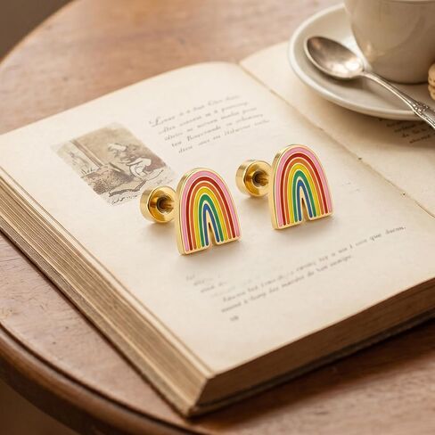 Rainbow Earrings - Small Rainbow Stud Earrings with Flat Screw Back Design, Gold Surgical Steel, Lightweight and Comfortable in Saudi Arabia