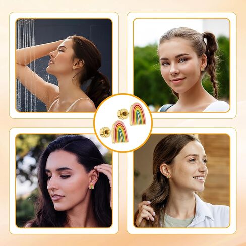 Rainbow Earrings - Small Rainbow Stud Earrings with Flat Screw Back Design, Gold Surgical Steel, Lightweight and Comfortable in Saudi Arabia