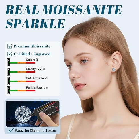Moissanite Stud Earrings for Women, 925 Sterling Silver Earrings, Jewelry Engagement Wedding Gifts for Women Men (0.3-3ct) in Saudi Arabia