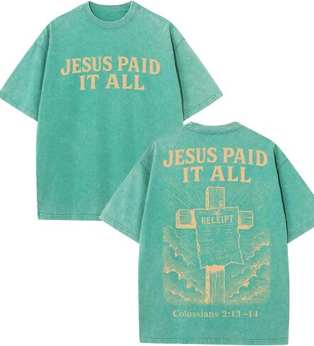 Vintage Washed Christian T Shirt Jesus Paid It All Colossians 213-14 Bible Verse Graphic Tee Oversized Streetwear in Saudi Arabia