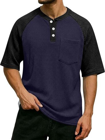 Mens Waffle Knit Short Sleeve Henley, Lightweight Athletic Fit Tee, Breathable Casual Wear for Summer & Gym in Kuwait