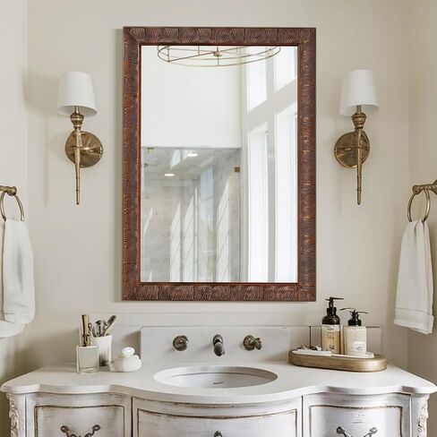 Chende Rectangle Bathroom Mirror for Vanity, 37'' x 25'' Vintage Mirror Wall Decorative, Bronze Solid Wood Frame with Handmade Feather Lines for Entryway, Dining Room, Living Room in Saudi Arabia