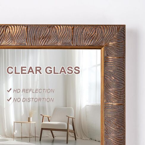 Chende Rectangle Bathroom Mirror for Vanity, 37'' x 25'' Vintage Mirror Wall Decorative, Bronze Solid Wood Frame with Handmade Feather Lines for Entryway, Dining Room, Living Room in Saudi Arabia