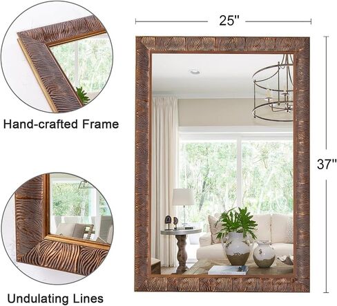 Chende Rectangle Bathroom Mirror for Vanity, 37'' x 25'' Vintage Mirror Wall Decorative, Bronze Solid Wood Frame with Handmade Feather Lines for Entryway, Dining Room, Living Room in Saudi Arabia
