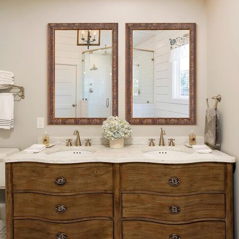 Chende Rectangle Bathroom Mirror for Vanity, 37'' x 25'' Vintage Mirror Wall Decorative, Bronze Solid Wood Frame with Handmade Feather Lines for Entryway, Dining Room, Living Room in Saudi Arabia