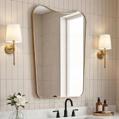 JONATHAN Y Alfie 24" x 36" Gold Irregular Wavy Metal Framed Wall Mounted Mirror with Flat Bottom, Decorative Dressing Design for Bedroom and Entryway MIR212C in Saudi Arabia