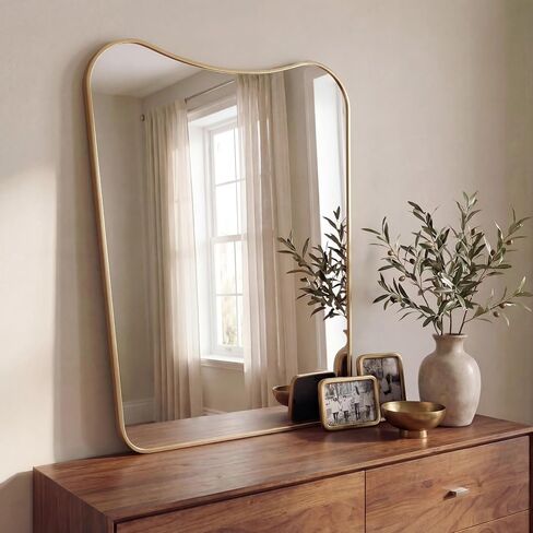 JONATHAN Y Alfie 24" x 36" Gold Irregular Wavy Metal Framed Wall Mounted Mirror with Flat Bottom, Decorative Dressing Design for Bedroom and Entryway MIR212C in Saudi Arabia