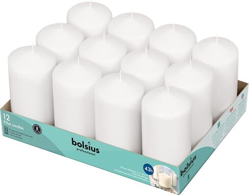 BOLSIUS 12 White Pillar Candles - 2.7 x 5 Inches Unscented Candle Set - 43 Hours - Dripless Clean Burning Smokeless Dinner Candle - Perfect for Wedding Candles, Parties and Special Occasions in Saudi Arabia