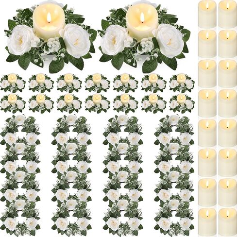 Yunlly 16 Set Rose Candle Rings Wreaths 3 Inch Center with Flameless LED Candles Artificial Rose Light Garland Fake Electric Votive Tealights Bulk Funeral Wedding Table Centerpieces Decor(White) in Saudi Arabia