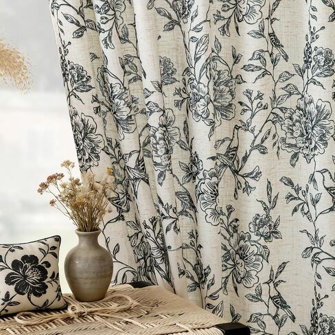 VISIONTEX Floral Farmhouse Curtains 84 Inch Length, Black Peony Printed Linen Blend Drapes, Back Tab & Rod Pocket Light Filtering Window Curtains for Living Room Bedroom, Set of 2 Panels in Saudi Arabia