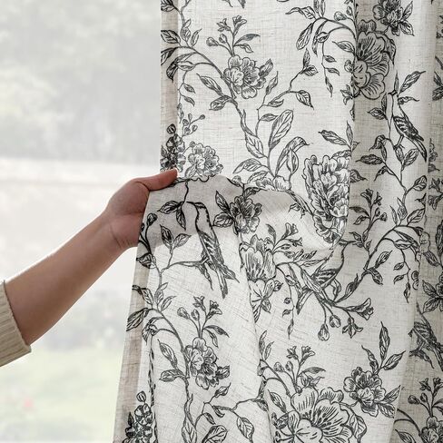 VISIONTEX Floral Farmhouse Curtains 84 Inch Length, Black Peony Printed Linen Blend Drapes, Back Tab & Rod Pocket Light Filtering Window Curtains for Living Room Bedroom, Set of 2 Panels in Saudi Arabia