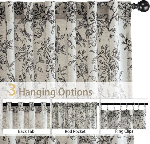 VISIONTEX Floral Farmhouse Curtains 84 Inch Length, Black Peony Printed Linen Blend Drapes, Back Tab & Rod Pocket Light Filtering Window Curtains for Living Room Bedroom, Set of 2 Panels in Saudi Arabia