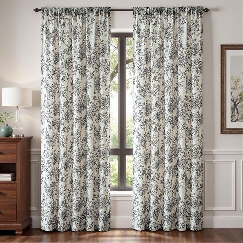 VISIONTEX Floral Farmhouse Curtains 84 Inch Length, Black Peony Printed Linen Blend Drapes, Back Tab & Rod Pocket Light Filtering Window Curtains for Living Room Bedroom, Set of 2 Panels in Saudi Arabia