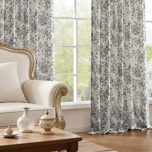 VISIONTEX Floral Farmhouse Curtains 84 Inch Length, Black Peony Printed Linen Blend Drapes, Back Tab & Rod Pocket Light Filtering Window Curtains for Living Room Bedroom, Set of 2 Panels in Saudi Arabia