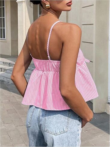 قطع علوية نسائية صيفية من SHENHE بربطة أمامية مخططة من بيبلوم Y2k بدون أكمام ورقبة على شكل حرف V وحزام سباغيتي قطع علوية قصيرة in Kuwait