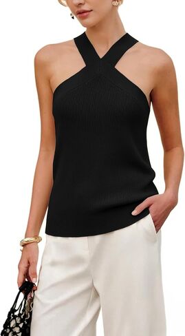 Springrain Womens Summer Cross Over Halter Knit Tank Tops Casual Sleeveless V Neck Solid Pullover in Saudi Arabia