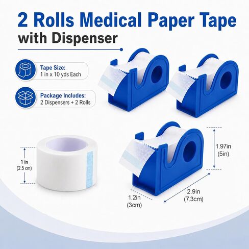 2 Rolls Medical Paper Tape with Dispenser, 1 Inch x 10 Yards,Microporous Surgical Paper Tape for Skin, Dressings, Wound First Aid Tape(White) in Saudi Arabia