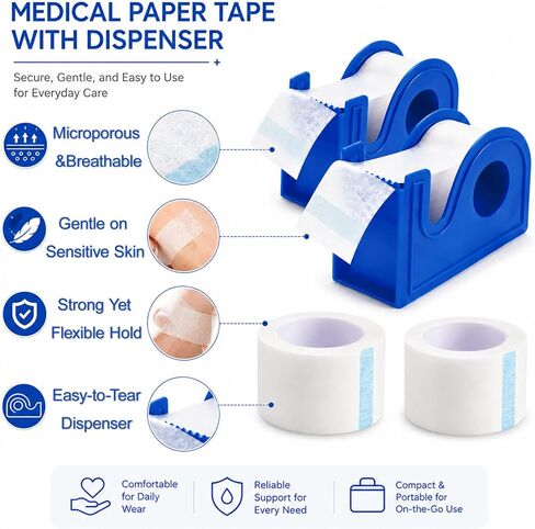 2 Rolls Medical Paper Tape with Dispenser, 1 Inch x 10 Yards,Microporous Surgical Paper Tape for Skin, Dressings, Wound First Aid Tape(White) in Saudi Arabia