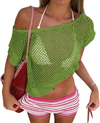 Women Off Shoulder See Through Crochet Tops Sheer Mesh Fishnet Short Sleeve T Shirts Hollow Out Openwork Cover Up in Saudi Arabia