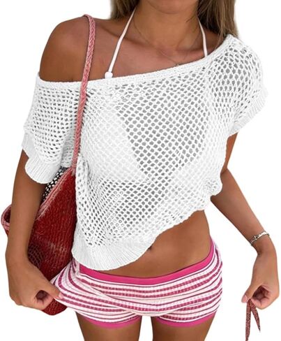 Women Off Shoulder See Through Crochet Tops Sheer Mesh Fishnet Short Sleeve T Shirts Hollow Out Openwork Cover Up in Saudi Arabia
