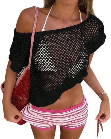 Women Off Shoulder See Through Crochet Tops Sheer Mesh Fishnet Short Sleeve T Shirts Hollow Out Openwork Cover Up in Saudi Arabia