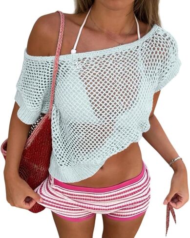 Women Off Shoulder See Through Crochet Tops Sheer Mesh Fishnet Short Sleeve T Shirts Hollow Out Openwork Cover Up in Saudi Arabia