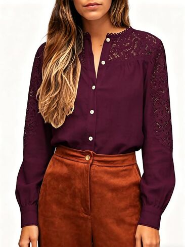 Women's Lace Trim Long Sleeve Blouse V Neck Button Down Casual Boho Cotton Linen Top in Kuwait