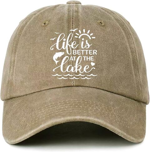 Funny Pure White Printed Hat Life is Better at The Lake Cotton Adjustable Baseball Cap Vintage Distressed Washed Khaki Baseball Hat Great Birthday Gift for Women Men Dad Mom Sister Friend in Saudi Arabia