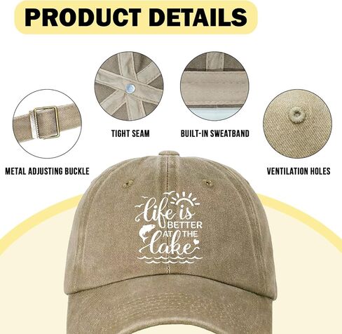 Funny Pure White Printed Hat Life is Better at The Lake Cotton Adjustable Baseball Cap Vintage Distressed Washed Khaki Baseball Hat Great Birthday Gift for Women Men Dad Mom Sister Friend in Saudi Arabia