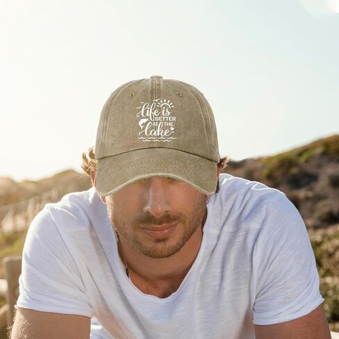 Funny Pure White Printed Hat Life is Better at The Lake Cotton Adjustable Baseball Cap Vintage Distressed Washed Khaki Baseball Hat Great Birthday Gift for Women Men Dad Mom Sister Friend in Saudi Arabia