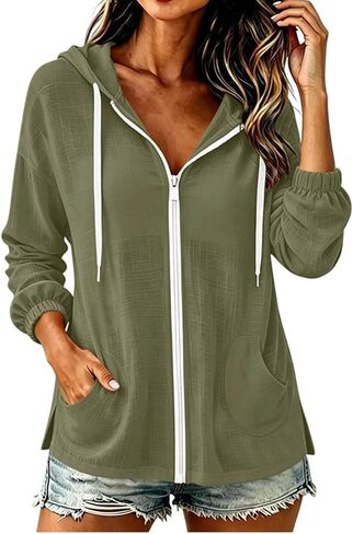 Lightweight Hoodies For Women Zip Up Summer Thin Hoodies Drawstring Loose Cotton Linen Hoodie Casual Beach Cover Up in Saudi Arabia