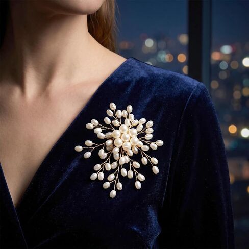 Firework Pearl Brooches for Women, Large Pearl Striking Flower Lapel Brooch Pin, Vintage Statement Clustered Pearls Brooches for Wedding Dress Costume Scarf Party - 1pc, White in Saudi Arabia