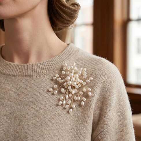 Firework Pearl Brooches for Women, Large Pearl Striking Flower Lapel Brooch Pin, Vintage Statement Clustered Pearls Brooches for Wedding Dress Costume Scarf Party - 1pc, White in Saudi Arabia